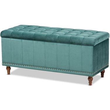 Kaylee Modern and Contemporary Teal Blue Velvet Fabric Upholstered Button-Tufted Storage Ottoman Bench