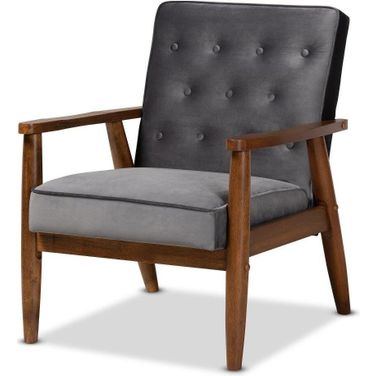 Sorrento Mid-century Modern Grey Velvet Fabric Upholstered Walnut Finished Wooden Lounge Chair