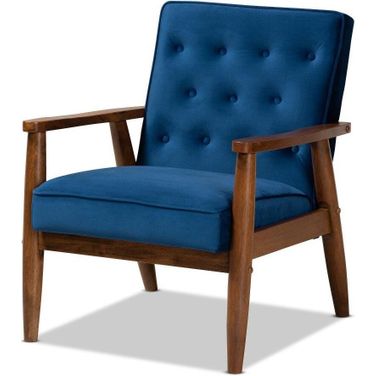 Sorrento Mid-century Modern Navy Blue Velvet Fabric Upholstered Walnut Finished Wooden Lounge Chair