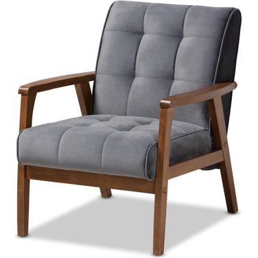 Asta Mid-Century Modern Grey Velvet Fabric Upholstered Walnut Finished Wood Armchair