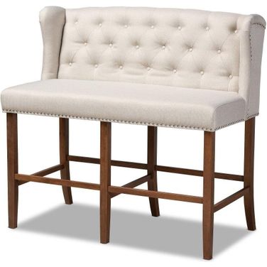Alira Modern and Contemporary Beige Fabric Upholstered Walnut Finished Wood Button Tufted Bar Stool Bench
