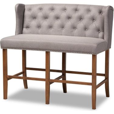 Alira Modern and Contemporary Grey Fabric Upholstered Walnut Finished Wood Button Tufted Bar Stool Bench