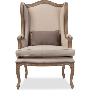 Baxton Studio Oreille French Provincial Style White Wash Distressed Two-Tone Beige Upholstered Armchair