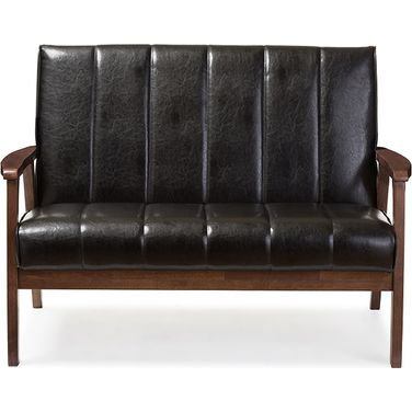Baxton Studio Nikko Mid-Century Modern Scandinavian Style Black Faux Leather Wooden 2-Seater Loveseat