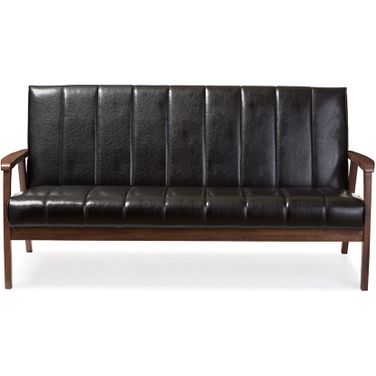 Baxton Studio Nikko Mid-Century Modern Scandinavian Style Black Faux Leather Wooden 3-Seater Sofa