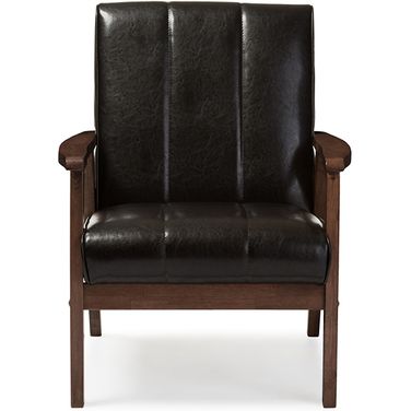 Baxton Studio Nikko Mid-Century Modern Scandinavian Style Dark Brown Faux Leather Wooden Lounge Chair