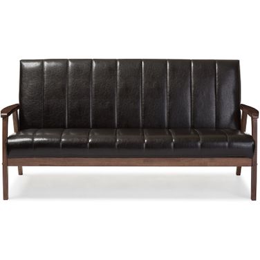 Baxton Studio Nikko Mid-Century Modern Scandinavian Style Dark Brown Faux Leather Wooden 3-Seater Sofa