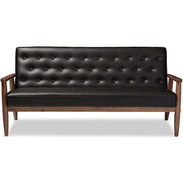 Baxton Studio Sorrento Mid-Century Retro Modern Black Faux Leather Upholstered Wooden 3-Seater Sofa