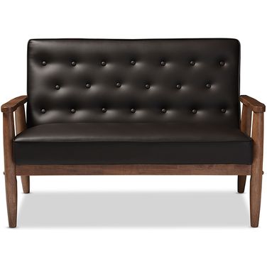 Baxton Studio Sorrento Mid-Century Retro Modern Brown Faux Leather Upholstered Wooden 2-Seater Loveseat