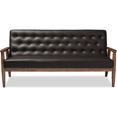 Baxton Studio Sorrento Mid-Century Retro Modern Brown Faux Leather Upholstered Wooden 3-Seater Sofa