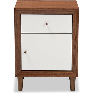 Baxton Studio Harlow Mid-Century Modern Scandinavian Style White And Walnut Wood 1-Drawer And 1-Door Nightstand