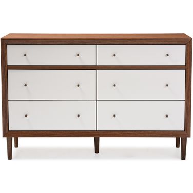 Baxton Studio Harlow Mid-Century Modern Scandinavian Style White And Walnut Wood 6-Drawer Storage Dresser