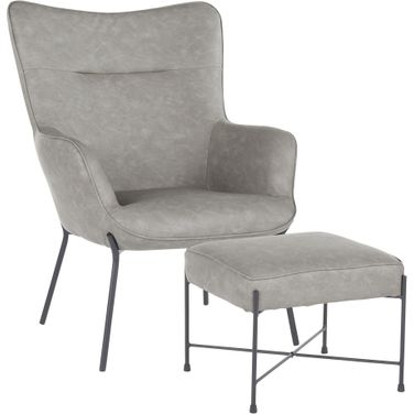 Izzy Lounge Chair and Ottoman Set in Black Metal and Grey Faux Leather