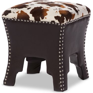 Baxton Studio Sally Modern And Contemporary Cow-Print Patterned Fabric Brown Faux Leather Upholstered Accent Stool With Nail Heads