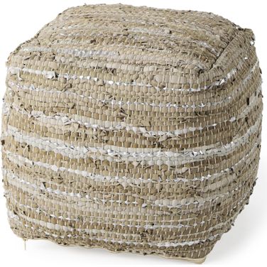 Aadhya Leather and Cotton Pouf In Taupe and Silver