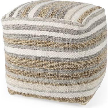 Aahana Hemp and Cotton Pouf In White,Taupe and Gray Striped