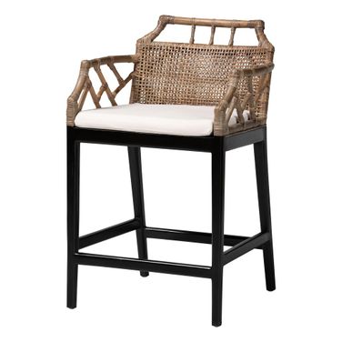 Abiel Handwoven Rattan Counter Stool with Arms and Cushion In Grey and Black