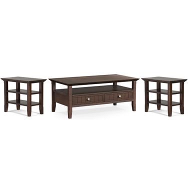 Acadian Solid Wood 48 Inch Coffee Table with 14 Inch End Tables Set of 3 In Brunette Brown