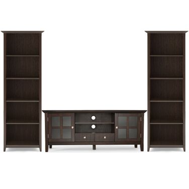 Acadian Solid Wood 60 Inch TV Stand with 26 Inch 5 Shelf Bookcases Set of 3 In Brunette Brown