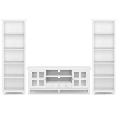 Acadian Solid Wood 60 Inch TV Stand with 26 Inch 5 Shelf Bookcases Set of 3 In White