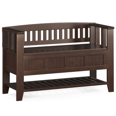 Acadian Solid Wood Entryway Storage Bench with Shelf In Brunette Brown