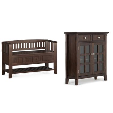 Acadian Solid Wood Storage Bench with Shelf and Storage Cabinet In Brunette Brown