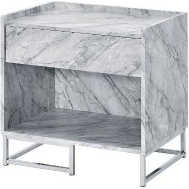Acme Azrael Accent Table In White Printed Faux Marble And Chrome Finish