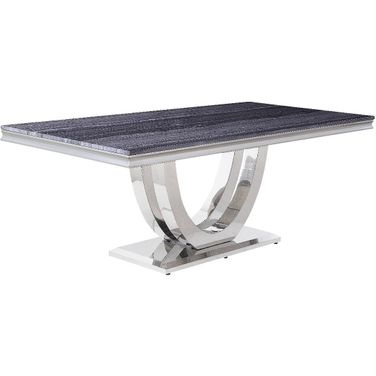 Acme Cambrie Dining Table In Faux Marble And Mirrored Silver Finish