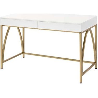 Acme Lightmane Vanity Desk In White High Gloss And Gold Finish