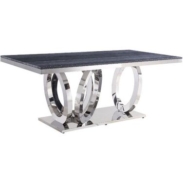 Acme Nasir Dining Table In Gray Printed Faux Marble and Mirrored Silver Finish