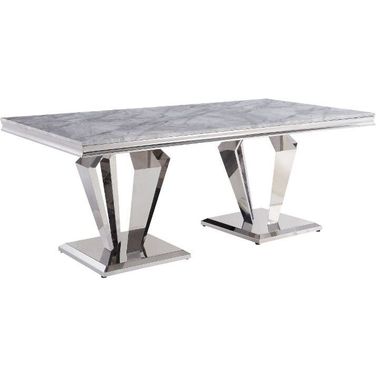 Acme Satinka Dining Table In Light Gray Printed Faux Marble and Mirrored Silver Finish