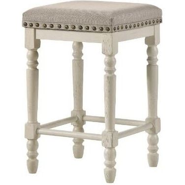 Acme Tasnim Counter Height Stool Set of 2 In Tan Fabric And Antique White Finish