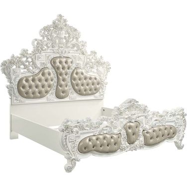 Acme Vanaheim Eastern King Bed In Beige Pu And Antique White Finish