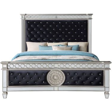 Acme Varian Queen Bed In Black Velvet And Mirrored