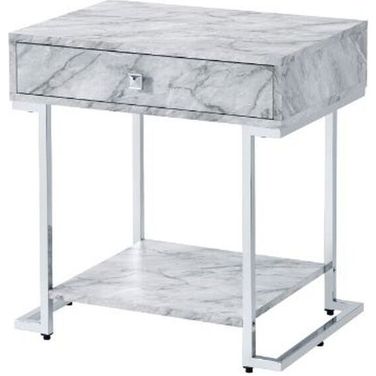 Acme Wither Accent Table In White Printed Faux Marble And Chrome Finish