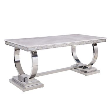 Acme Zander Dining Table In White Printed Faux Marble and Mirrored Silver Finish