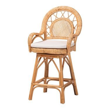 Adam Handwoven Rattan Swivel Counter Stool with Cushion In Light Honey