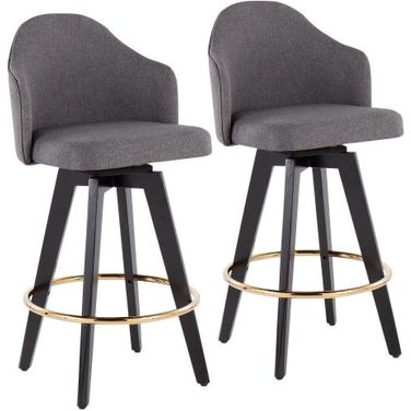 Ahoy 26 Inch Fixed-Height Counter Stool Set of 2 with Black Wood Legs and Round Chrome Metal Footrest with Grey Fabric Seat