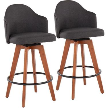 Ahoy Fixed-Height Counter Stool Set of 2 with Walnut Bamboo Legs and Round Black Metal Footrest with Charcoal Fabric Seat