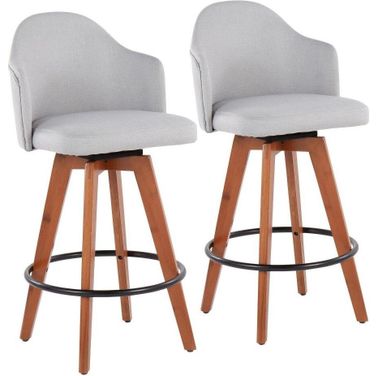 Ahoy Fixed-Height Counter Stool Set of 2 with Walnut Bamboo Legs and Round Black Metal Footrest with Light Grey Fabric Seat