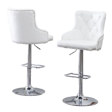 Ailbe Adjustable Bar Stools Set of 2 with Tufted Seats In White Faux Leather and Silver