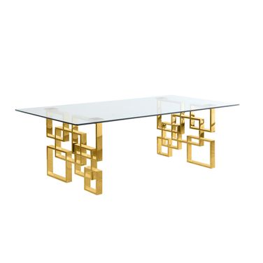 Ailbe Big Glass Dining Table In Clear Tempered Glass Top and Gold Stainless Steel