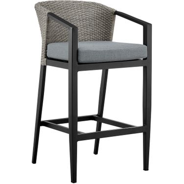 Aileen Outdoor Patio Counter Height Bar Stool In Aluminum and Wicker with Gray Cushions