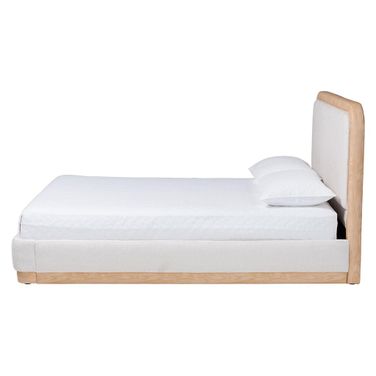 Aiman Upholstered Queen Platform Bed with Faux Leather Trim In Beige and Oak Brown