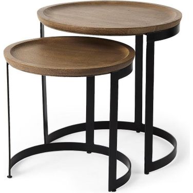 Aisley Light Brown Wood With Black Metal Base Round Nesting Side Tables Set of 2