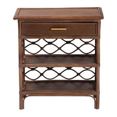 Akane Natural Rattan Nightstand with Drawer and Open Shelves In Antique Brown