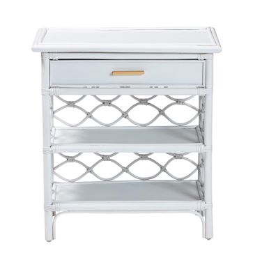 Akane Natural Rattan Nightstand with Drawer and Open Shelves In White