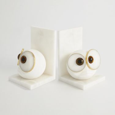 Alabaster Large Big Eyed Owl Bookends Pair In White