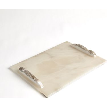 Alabaster Rectangle Tray With Rock Handles In White