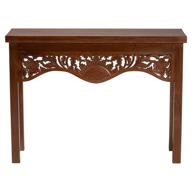 Alannis Mahogany Wood Console Table with Carved Floral Apron In Mahogany Brown